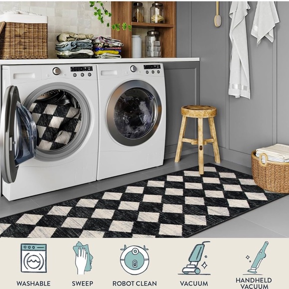 ๐ MC Style Area Rug Black & Ivory Check Checker Plaid 5โ x 7โ MACHINE WASHABLE - Picture 5 of 9